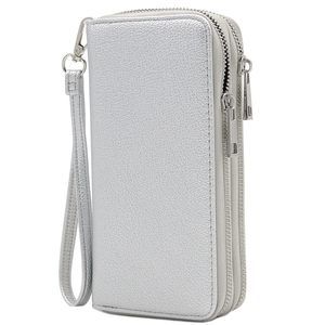 Double Zip Around Pu Leather Wristlet Cell Phone Wallet Silver :[
